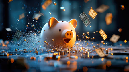 A vibrant piggy bank surrounded by falling money, symbolizing savings, finance, and prosperity in a visually striking scene.の素材