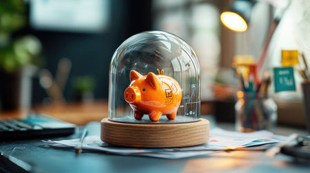 A vibrant piggy bank under a glass dome sits on a desk, symbolizing savings and financial security amidst a modern workspace.の素材