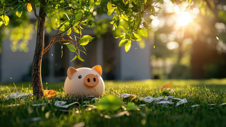 A cute piggy bank rests under a tree, surrounded by grass and leaves, illuminated by soft sunlight in a tranquil outdoor setting.の素材