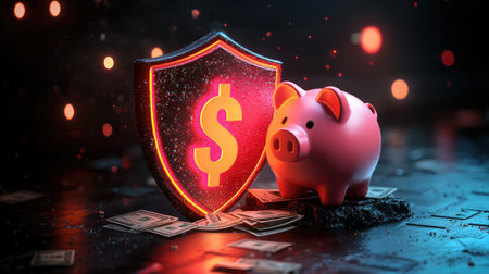 A piggy bank is protected by a glowing shield with a dollar sign, symbolizing financial security and savings against risks.の素材