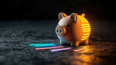 A glowing piggy bank with colorful neon lights against a dark background, symbolizing savings and financial growth.の素材