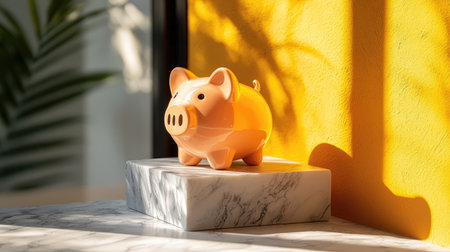A bright piggy bank on a marble stand, bathed in sunlight against a yellow wall, symbolizing savings and financial growth.の素材