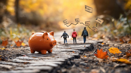 A piggy bank sits on a path as three figures stroll, surrounded by autumn leaves and financial symbols, suggesting themes of savings and family journeys.の素材