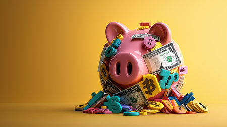 A colorful piggy bank overflowing with coins and playful shapes, set against a bright yellow background.の素材