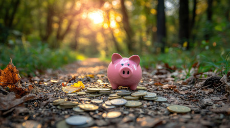 A pink piggy bank sits amidst scattered coins on a forest path, illuminated by soft sunlight filtering through the trees.の素材