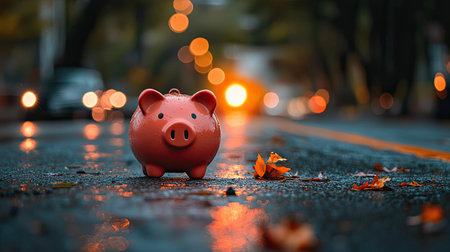 A vibrant pink piggy bank sits on a wet street, surrounded by fallen leaves, with blurred lights creating a cozy autumn atmosphere.の素材