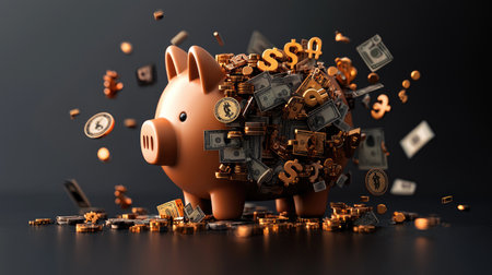 A whimsical piggy bank overflowing with animated coins and financial symbols, representing savings, investment, and wealth management.の素材