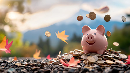 A cheerful piggy bank surrounded by coins and falling leaves, set against a scenic mountainous backdrop, symbolizing savings and abundance.の素材