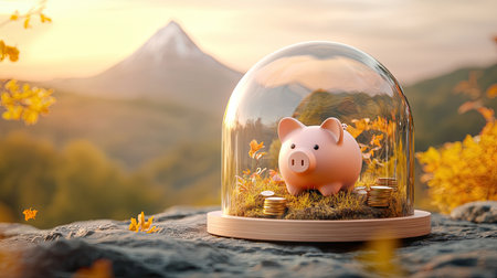 A piggy bank under a glass dome, surrounded by coins and autumn leaves, set against a scenic mountain backdrop at sunset.の素材