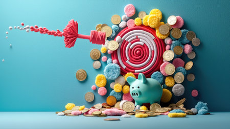 A vibrant composition featuring a playful piggy bank surrounded by colorful candies and coins, embodying themes of savings and abundance.の素材