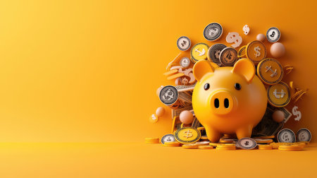 A vibrant orange background features a piggy bank surrounded by various coins, symbolizing savings and investment.の素材