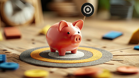 A cheerful piggy bank sits on a target, symbolizing savings goals and financial planning amidst colorful playing blocks.の素材