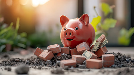 A cheerful piggy bank surrounded by bricks and cash, symbolizing savings and financial growth in a natural setting.の素材