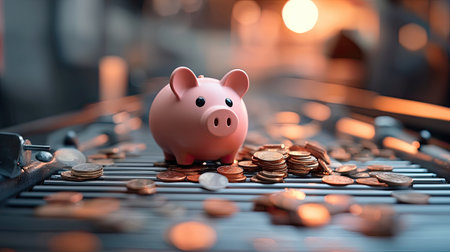 A piggy bank sits atop a pile of coins, symbolizing savings and financial management in a warm, illuminated environment.の素材
