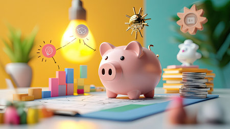 A colorful scene featuring a piggy bank, charts, and a glowing light bulb, symbolizing financial planning and savings.の素材