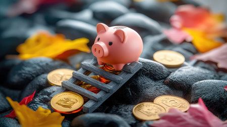A pink piggy bank sits atop a small staircase, surrounded by autumn leaves and golden coins on a backdrop of smooth stones.の素材