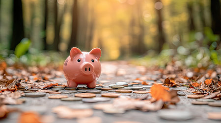 A pink piggy bank sits on a forest path scattered with coins and autumn leaves, symbolizing saving and financial growth in a serene natural setting.の素材