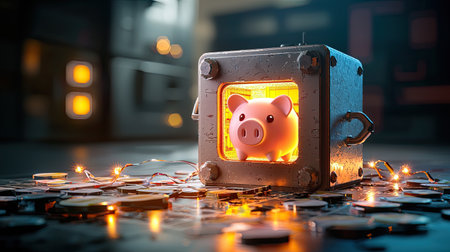 A glowing piggy bank sits in a safe surrounded by coins, symbolizing savings and financial security in a captivating and modern setting.の素材
