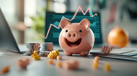 A cheerful piggy bank sits among coins and financial data, symbolizing savings, investments, and financial growth.の素材