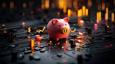 A pink piggy bank on a circuit board, surrounded by glowing financial symbols, representing digital finance and savings.の素材