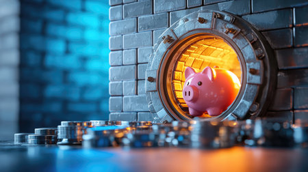 A piggy bank emerges from a vault, surrounded by coins, symbolizing savings and financial security in a colorful, illuminated setting.の素材