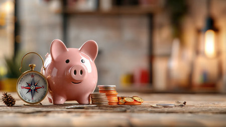A pink piggy bank sits next to coins and a vintage clock, symbolizing savings, time, and financial planning in a cozy setting.の素材