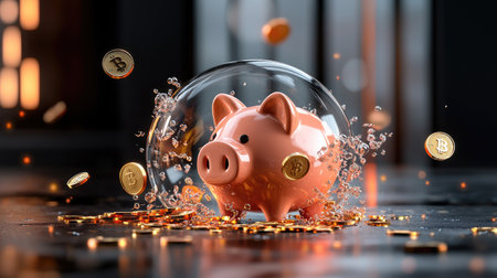 A piggy bank inside a clear bubble with coins and splashes of water, symbolizing savings and financial growth.の素材