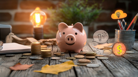 A piggy bank sits amidst coins and stationery, illuminated by a warm light, symbolizing savings and financial planning in a cozy workspace.の素材
