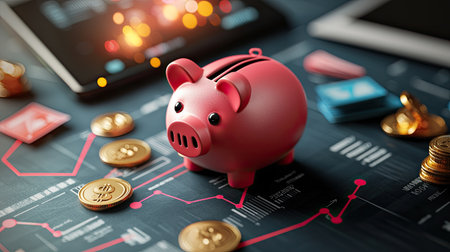 A pink piggy bank sits on a financial chart surrounded by coins, representing saving and investment concepts in a modern digital context.の素材