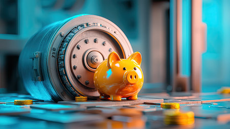 A vibrant piggy bank sits beside an open safe, surrounded by scattered coins, symbolizing savings and financial security.の素材