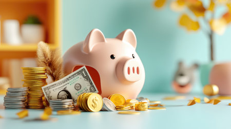 A pink piggy bank surrounded by coins and dollar bills, symbolizing saving money and financial management.の素材