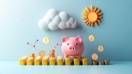 A whimsical scene featuring a pink piggy bank atop golden stacks, surrounded by sunny elements, clouds, and coins, symbolizing savings and financial growth.の素材