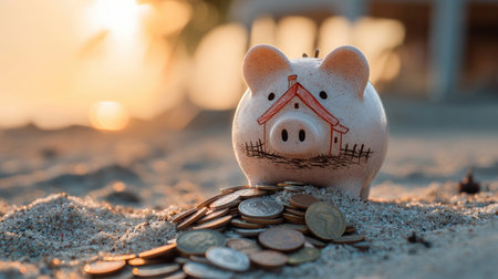 A piggy bank sits on sandy ground, surrounded by coins, symbolizing savings and financial aspirations against a warm sunset backdrop.の素材