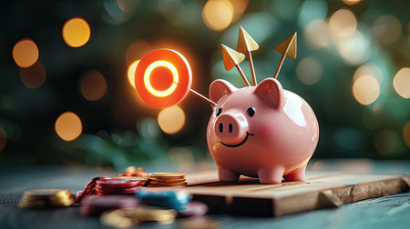A cute pink piggy bank with arrows and a target symbol, set against a blurred background of glowing lights.の素材