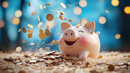 A cheerful piggy bank surrounded by falling coins, symbolizing savings and financial prosperity.の素材