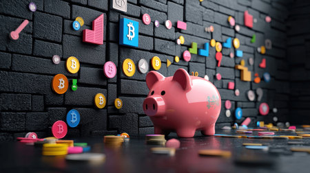 A pink piggy bank stands against a black wall adorned with colorful cryptocurrency icons and graphs, symbolizing savings and digital finance concepts.の素材