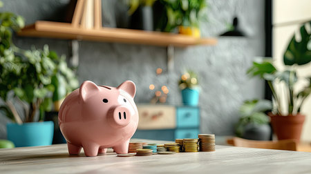 A pink piggy bank sits on a wooden table surrounded by coins and greenery, symbolizing savings and financial planning in a cozy setting.の素材