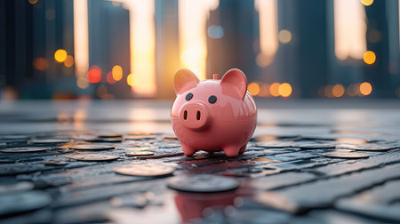 A cute pink piggy bank surrounded by coins, set against a city skyline at sunset, symbolizing savings and financial growth.の素材