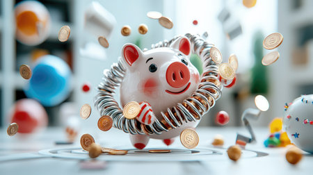 A playful piggy bank dances among scattered coins and colorful objects, symbolizing fun savings and financial joy in a bright, cheerful setting.の素材