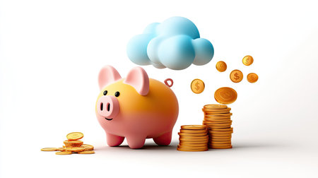 A cheerful piggy bank with coins and a cloud above symbolizes saving money and financial growth.の素材