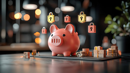 A pink piggy bank surrounded by floating locks and small stacks of coins, symbolizing financial security and savings.の素材