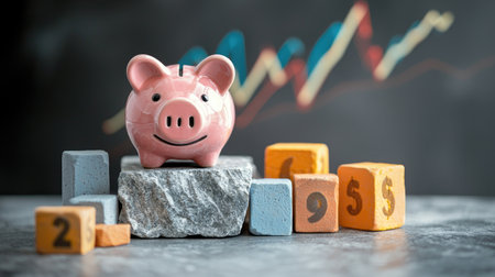 A piggy bank sits atop stones, surrounded by colorful blocks and a background with rising financial graphs, symbolizing saving and investment.の素材
