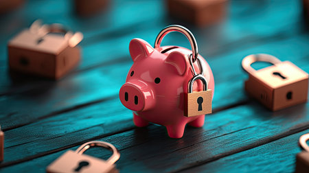 A pink piggy bank secured with a padlock, surrounded by smaller padlocks on a wooden surface, symbolizing savings and financial security.の素材