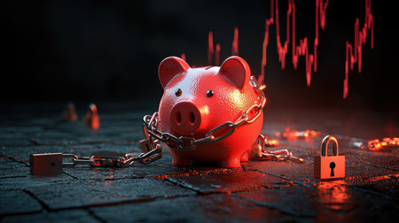A chained, red piggy bank sits on a dark surface, with digital graphs rising behind it, symbolizing financial constraints and economic fluctuations.の素材
