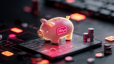 A glowing, digital piggy bank sits on a circuit board, symbolizing finance and technology in a modern, tech-inspired setting.の素材