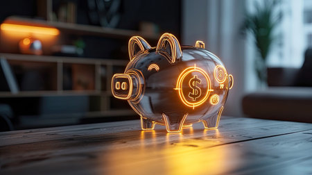 A glowing piggy bank symbolizing savings and financial growth in a modern indoor setting.の素材