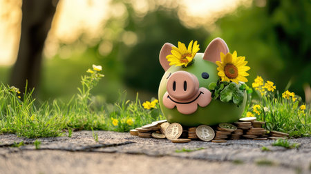 A cheerful green piggy bank adorned with sunflowers, surrounded by blooming grass, symbolizing savings and growth in a vibrant outdoor setting.の素材