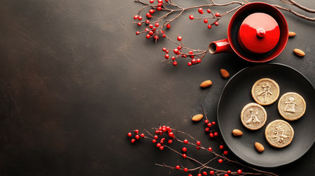 A serene arrangement featuring a red teapot, a plate of cookies, and decorative berries on a dark surface, evoking a cozy, inviting atmosphere.の素材