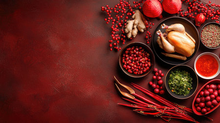 A vibrant arrangement of spices, herbs, and ingredients on a rich red background, evoking a culinary theme perfect for cooking and flavor exploration.の素材