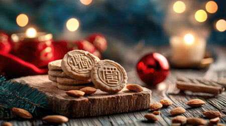 A festive arrangement of cookies, almonds, and decorative elements, set against a blurred background of warm lights, creating a cozy atmosphere.の素材